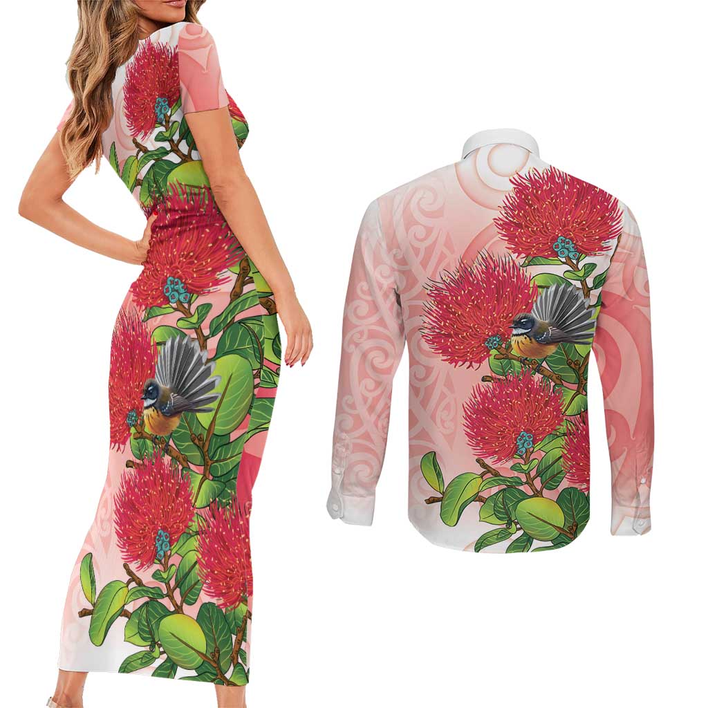 New Zealand Fantail Couples Matching Short Sleeve Bodycon Dress and Long Sleeve Button Shirt Maori Koru With Pohutukawa Flowers LT05 - Polynesian Pride