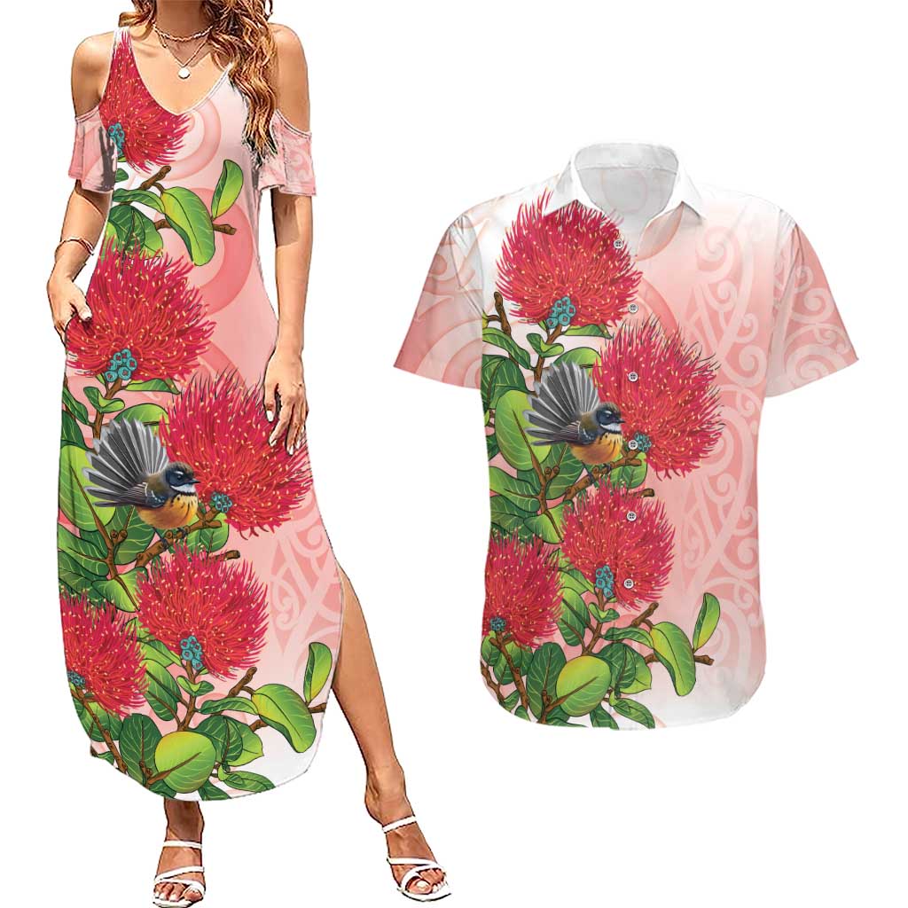 New Zealand Fantail Couples Matching Summer Maxi Dress and Hawaiian Shirt Maori Koru With Pohutukawa Flowers LT05 Red - Polynesian Pride