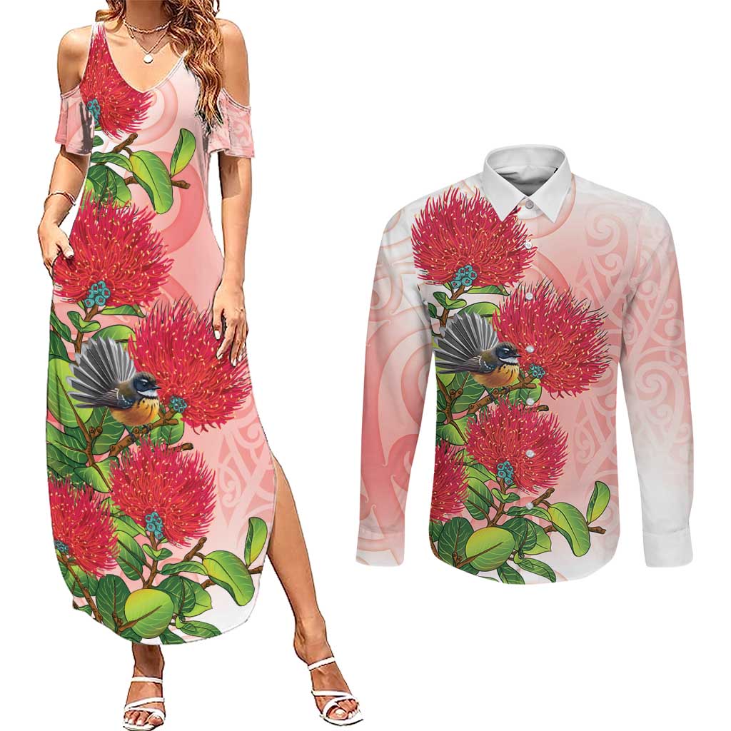 New Zealand Fantail Couples Matching Summer Maxi Dress and Long Sleeve Button Shirt Maori Koru With Pohutukawa Flowers LT05 Red - Polynesian Pride