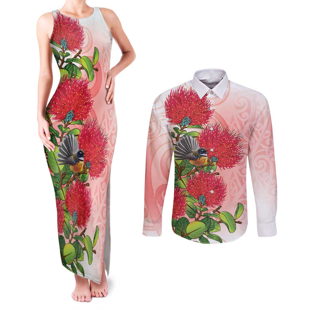New Zealand Fantail Couples Matching Tank Maxi Dress and Long Sleeve Button Shirt Maori Koru With Pohutukawa Flowers LT05 Red - Polynesian Pride