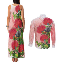 New Zealand Fantail Couples Matching Tank Maxi Dress and Long Sleeve Button Shirt Maori Koru With Pohutukawa Flowers LT05 - Polynesian Pride