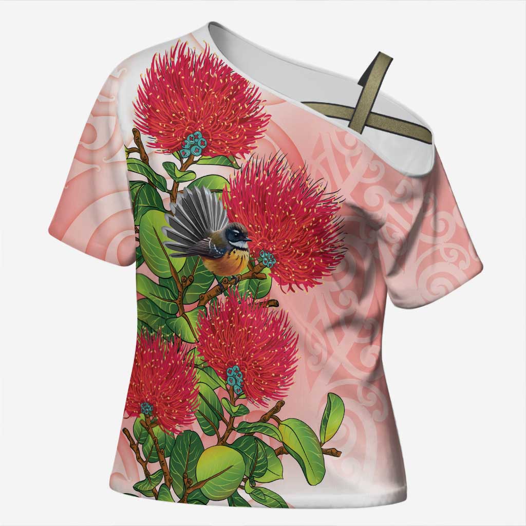 New Zealand Fantail Cross Shoulder Shirt Maori Koru With Pohutukawa Flowers - Polynesian Pride