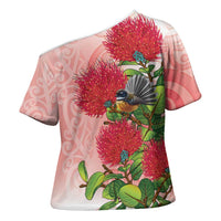 New Zealand Fantail Cross Shoulder Shirt Maori Koru With Pohutukawa Flowers LT05 - Polynesian Pride