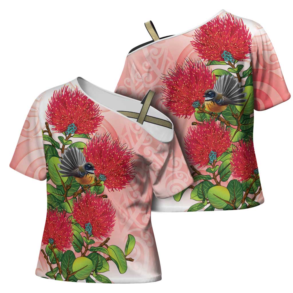 New Zealand Fantail Cross Shoulder Shirt Maori Koru With Pohutukawa Flowers LT05 - Polynesian Pride