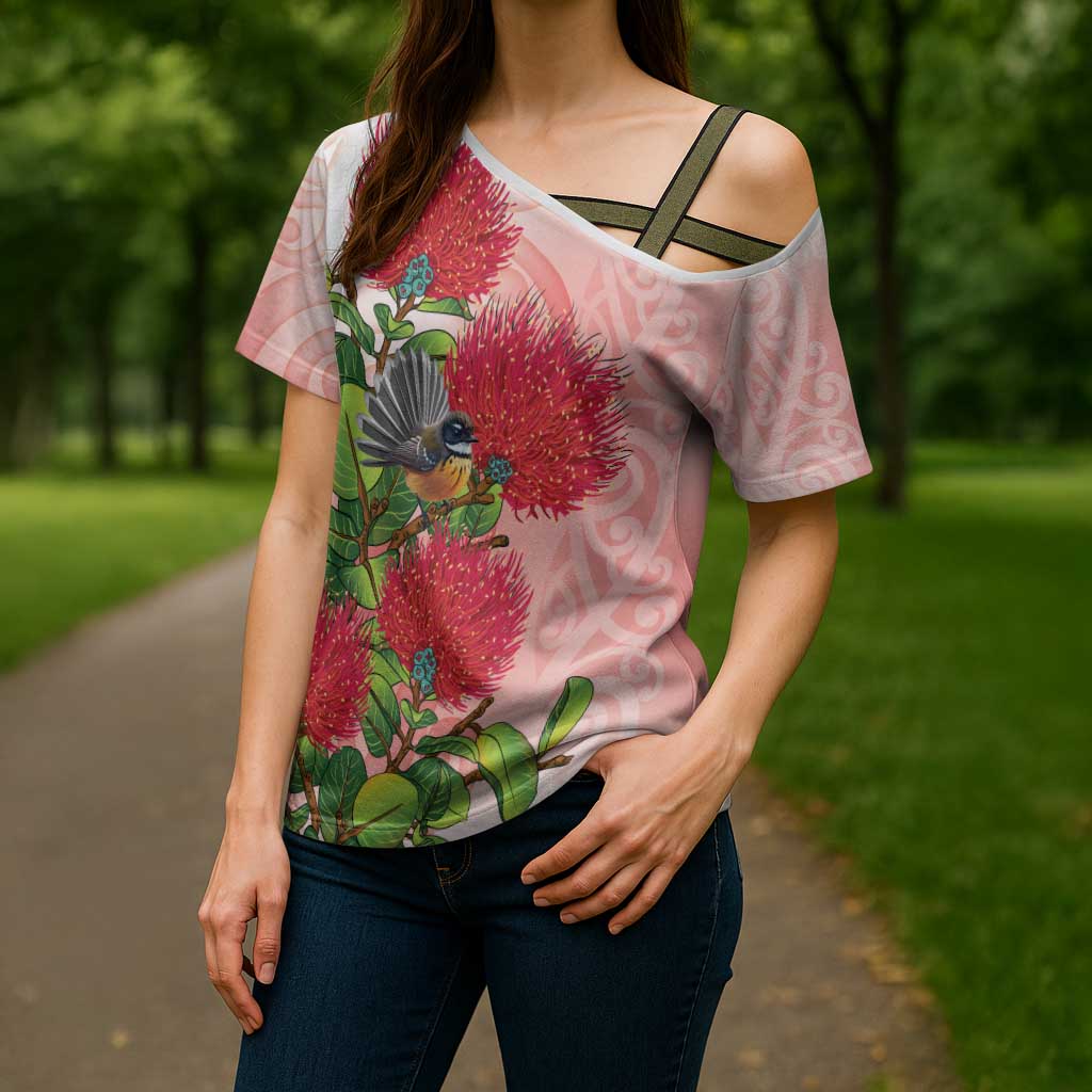 New Zealand Fantail Cross Shoulder Shirt Maori Koru With Pohutukawa Flowers LT05 - Polynesian Pride
