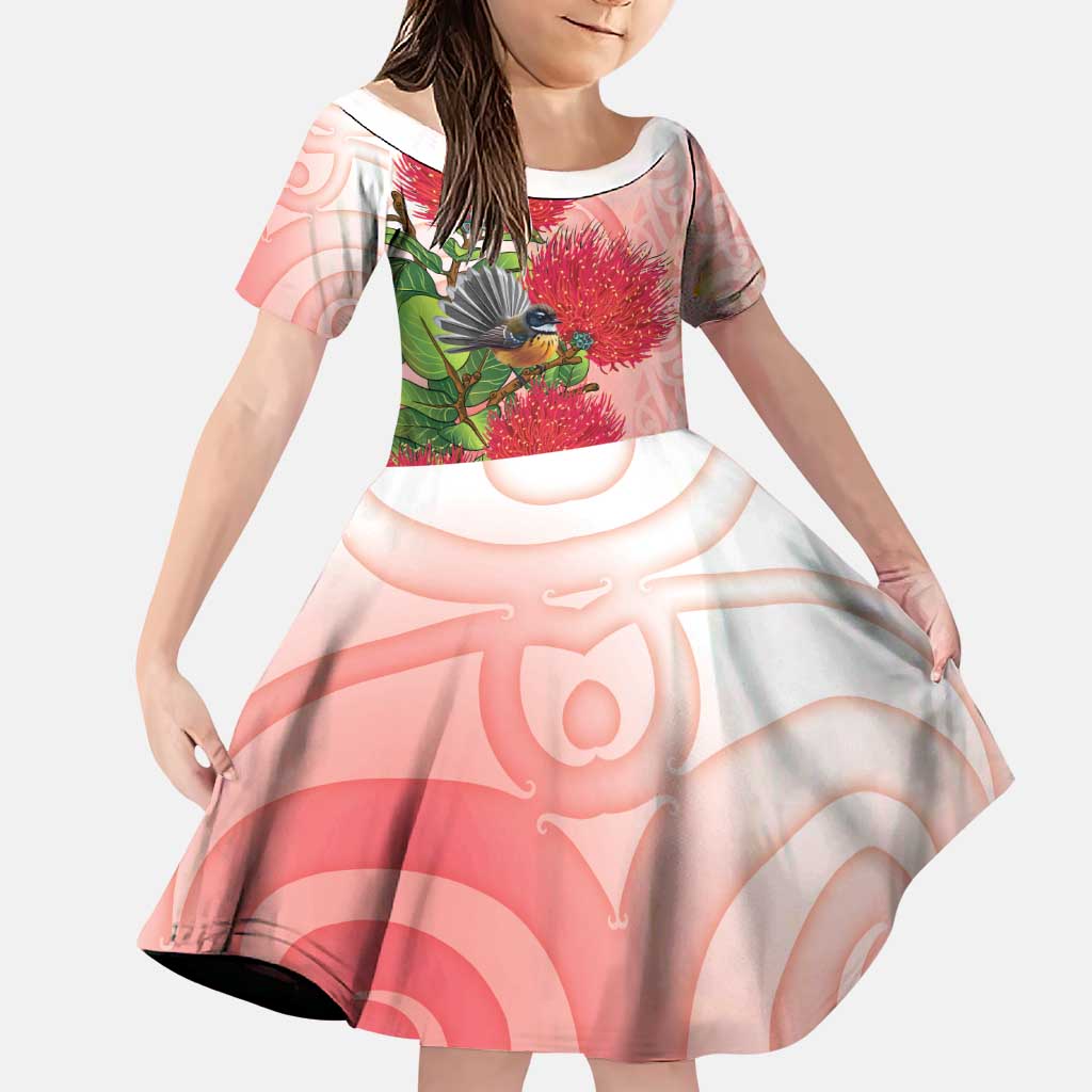 New Zealand Fantail Family Matching Mermaid Dress and Hawaiian Shirt Maori Koru With Pohutukawa Flowers LT05 Daughter's Dress Red - Polynesian Pride