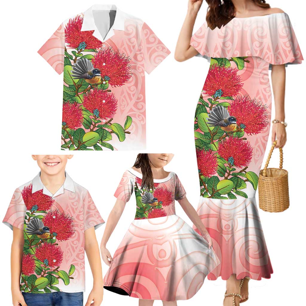 New Zealand Fantail Family Matching Mermaid Dress and Hawaiian Shirt Maori Koru With Pohutukawa Flowers LT05 - Polynesian Pride