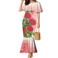 New Zealand Fantail Family Matching Mermaid Dress and Hawaiian Shirt Maori Koru With Pohutukawa Flowers LT05 Mom's Dress Red - Polynesian Pride
