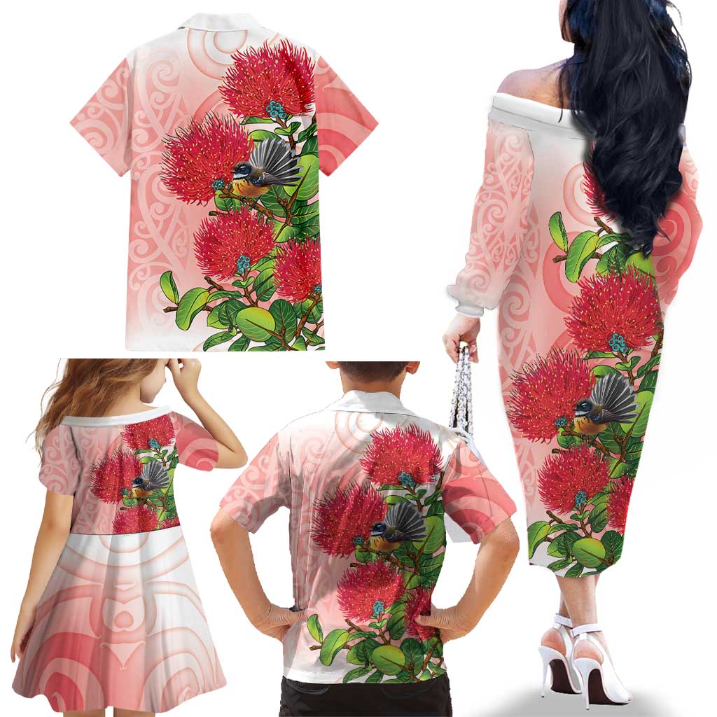 New Zealand Fantail Family Matching Off The Shoulder Long Sleeve Dress and Hawaiian Shirt Maori Koru With Pohutukawa Flowers LT05 - Polynesian Pride