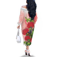New Zealand Fantail Family Matching Off The Shoulder Long Sleeve Dress and Hawaiian Shirt Maori Koru With Pohutukawa Flowers LT05 - Polynesian Pride