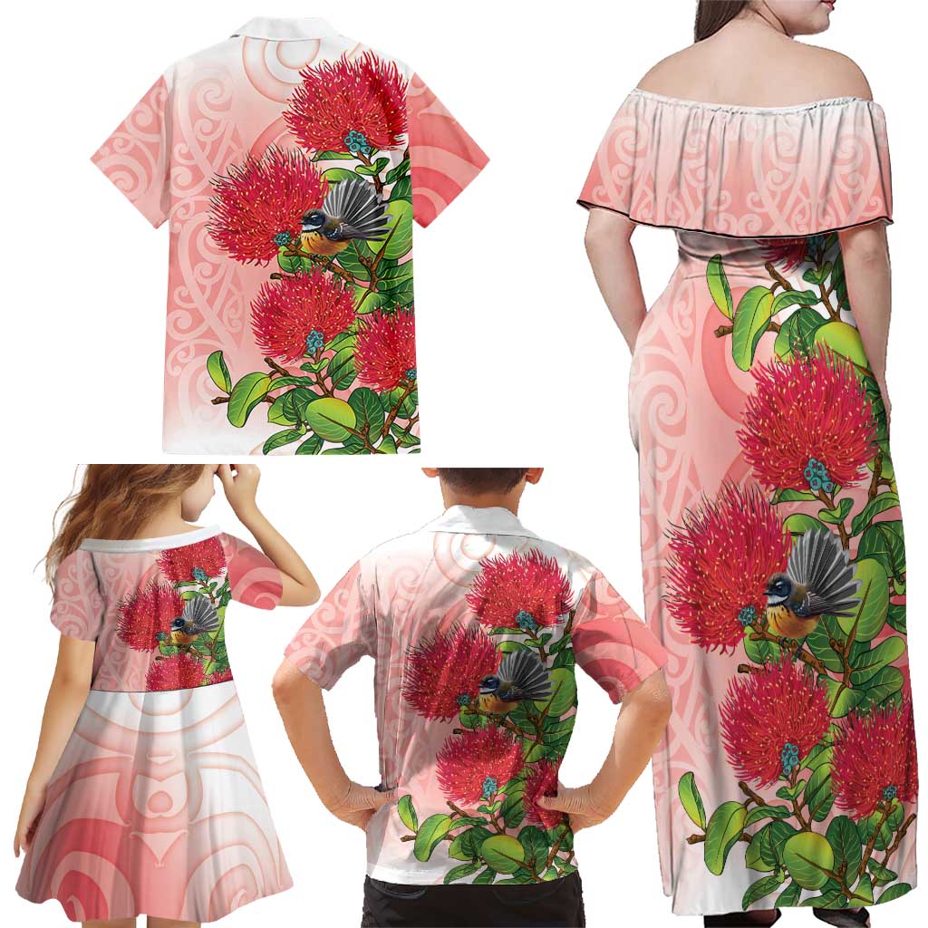 New Zealand Fantail Family Matching Off Shoulder Maxi Dress and Hawaiian Shirt Maori Koru With Pohutukawa Flowers LT05 - Polynesian Pride