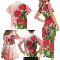 New Zealand Fantail Family Matching Short Sleeve Bodycon Dress and Hawaiian Shirt Maori Koru With Pohutukawa Flowers LT05 - Polynesian Pride