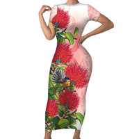 New Zealand Fantail Family Matching Short Sleeve Bodycon Dress and Hawaiian Shirt Maori Koru With Pohutukawa Flowers LT05 Mom's Dress Red - Polynesian Pride
