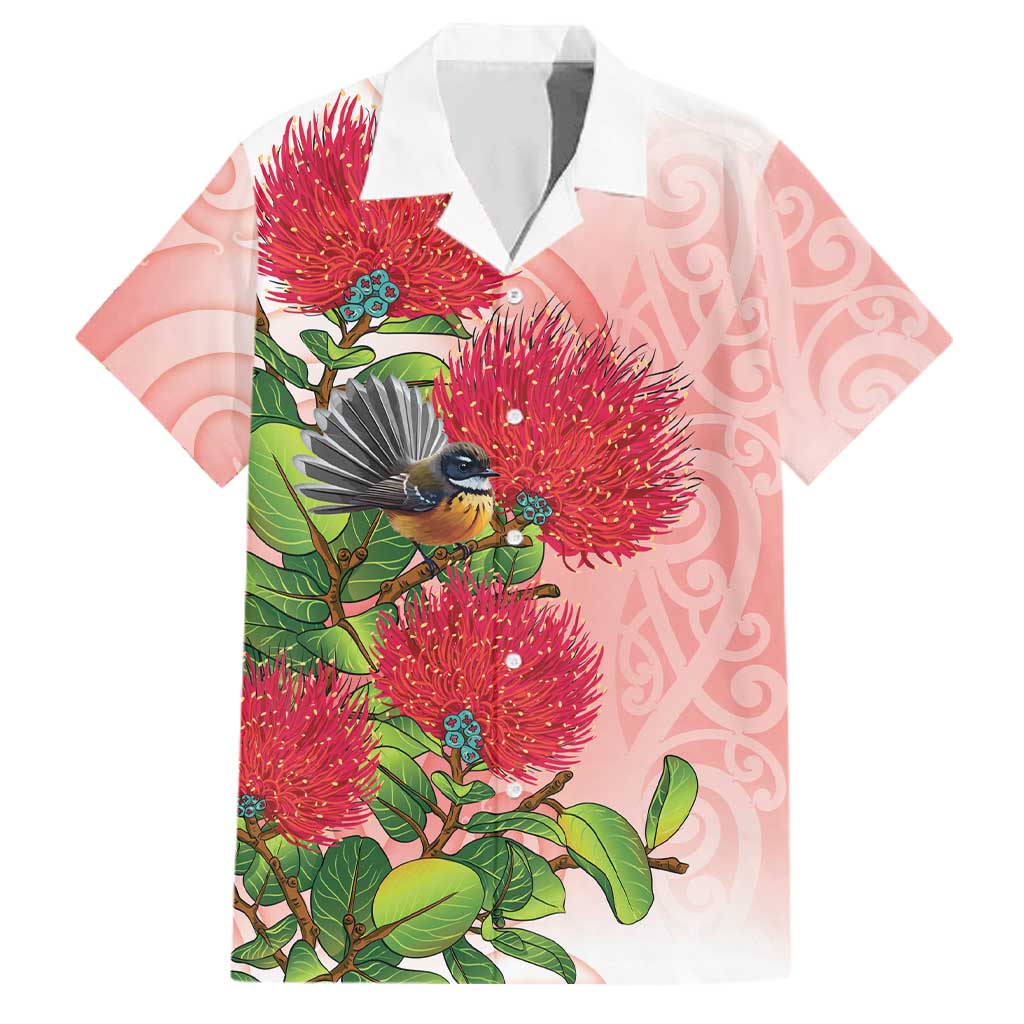 New Zealand Fantail Family Matching Summer Maxi Dress and Hawaiian Shirt Maori Koru With Pohutukawa Flowers LT05 Dad's Shirt - Short Sleeve Red - Polynesian Pride