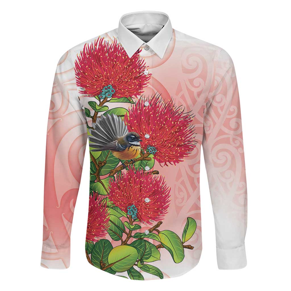 New Zealand Fantail Family Matching Summer Maxi Dress and Hawaiian Shirt Maori Koru With Pohutukawa Flowers LT05 Dad's Shirt - Long Sleeve Red - Polynesian Pride
