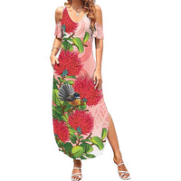 New Zealand Fantail Family Matching Summer Maxi Dress and Hawaiian Shirt Maori Koru With Pohutukawa Flowers LT05 Mom's Dress Red - Polynesian Pride