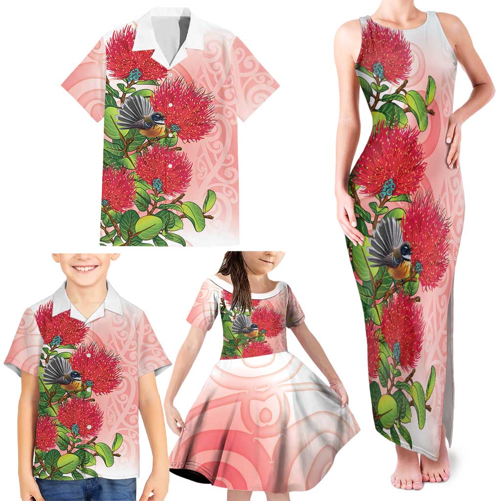 New Zealand Fantail Family Matching Tank Maxi Dress and Hawaiian Shirt Maori Koru With Pohutukawa Flowers LT05 - Polynesian Pride