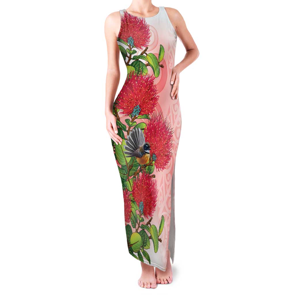 New Zealand Fantail Family Matching Tank Maxi Dress and Hawaiian Shirt Maori Koru With Pohutukawa Flowers LT05 Mom's Dress Red - Polynesian Pride