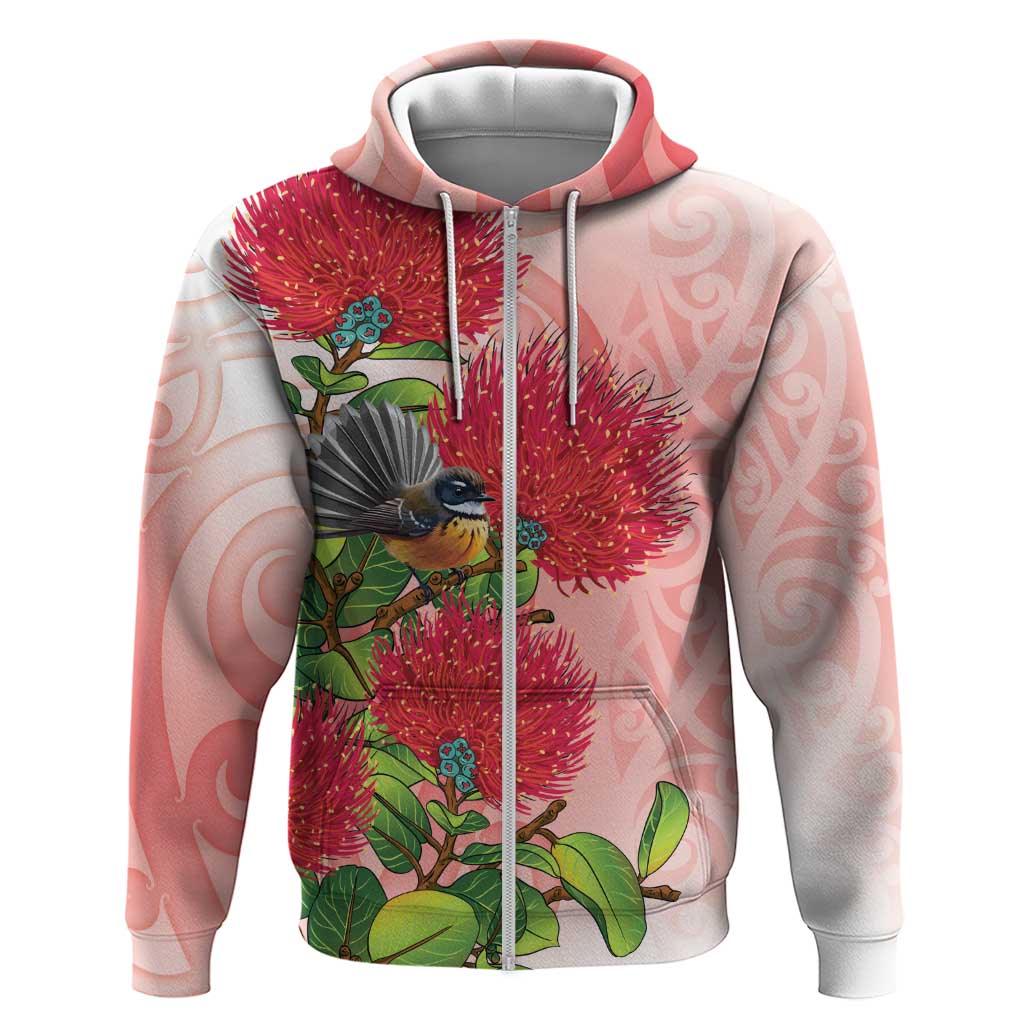 New Zealand Fantail Hoodie Maori Koru With Pohutukawa Flowers LT05 Zip Hoodie Red - Polynesian Pride