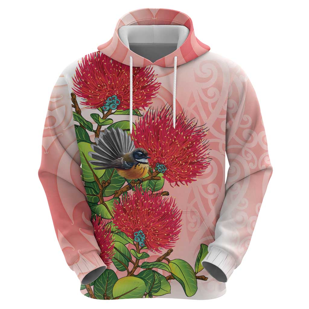 New Zealand Fantail Hoodie Maori Koru With Pohutukawa Flowers LT05 - Polynesian Pride