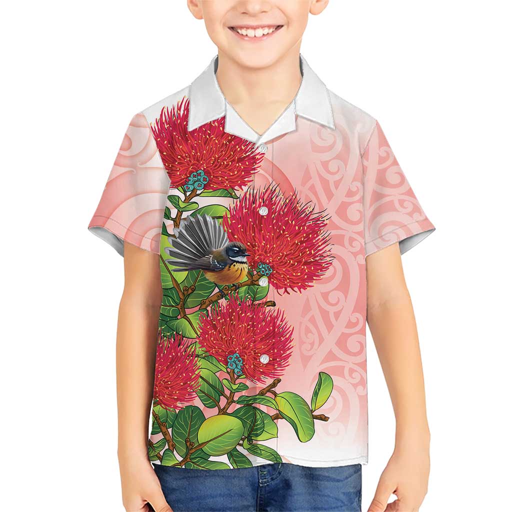 New Zealand Fantail Kid Hawaiian Shirt Maori Koru With Pohutukawa Flowers LT05 Kid Red - Polynesian Pride