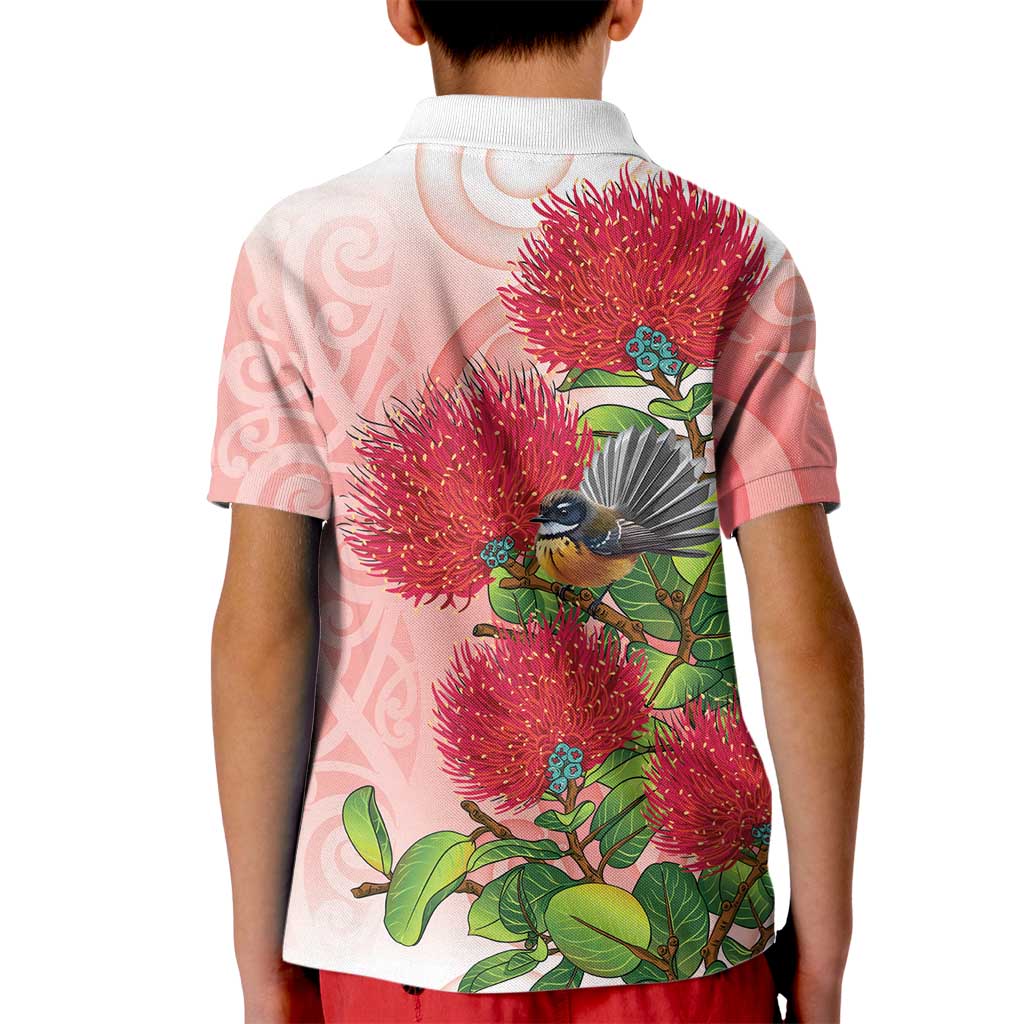New Zealand Fantail Kid Polo Shirt Maori Koru With Pohutukawa Flowers LT05 - Polynesian Pride