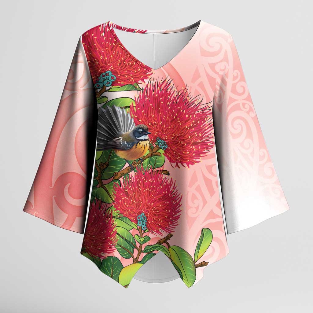 New Zealand Fantail Kimono Sleeve Blouse Maori Koru With Pohutukawa Flowers LT05 Female Red - Polynesian Pride