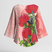 New Zealand Fantail Kimono Sleeve Blouse Maori Koru With Pohutukawa Flowers LT05 - Polynesian Pride