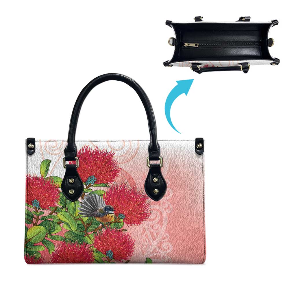 New Zealand Fantail Leather Bag Maori Koru With Pohutukawa Flowers LT05 - Polynesian Pride