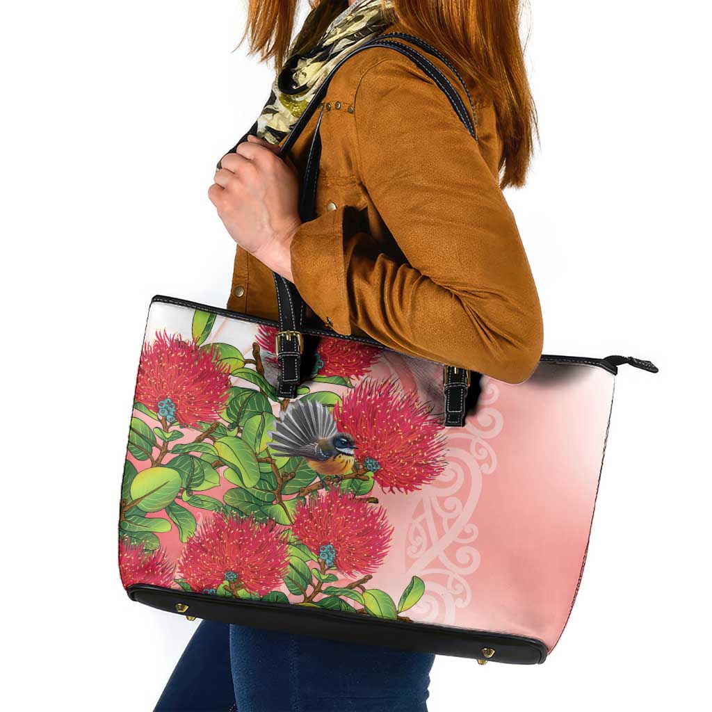 New Zealand Fantail Leather Tote Bag Maori Koru With Pohutukawa Flowers LT05 Red - Polynesian Pride
