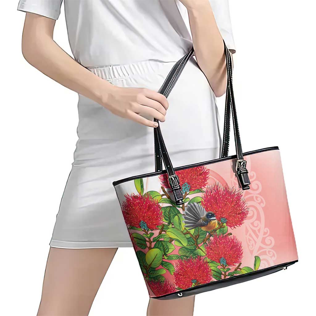 New Zealand Fantail Leather Tote Bag Maori Koru With Pohutukawa Flowers LT05 - Polynesian Pride