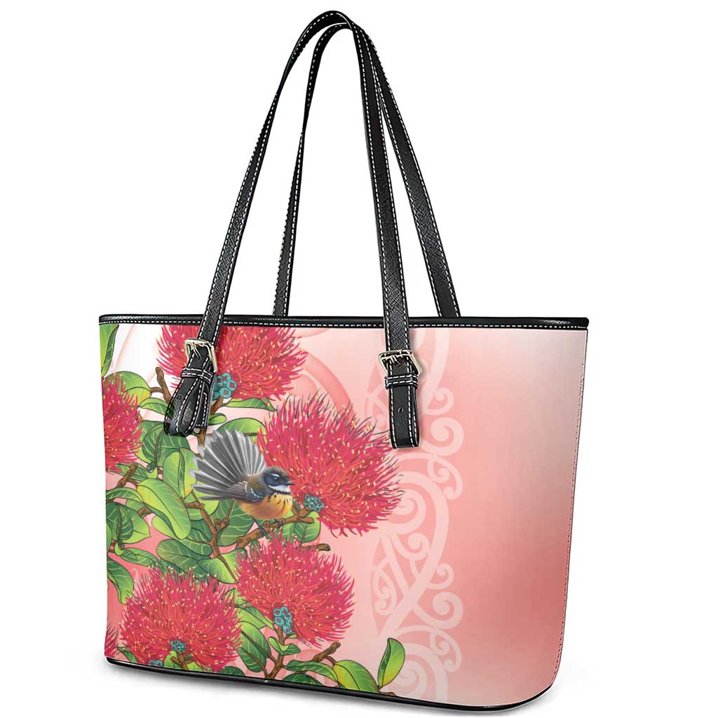 New Zealand Fantail Leather Tote Bag Maori Koru With Pohutukawa Flowers LT05 - Polynesian Pride