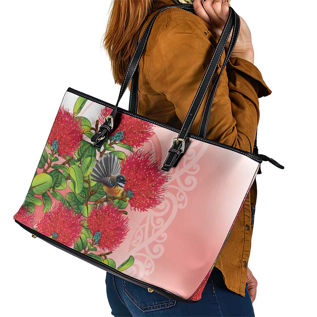 New Zealand Fantail Leather Tote Bag Maori Koru With Pohutukawa Flowers LT05 - Polynesian Pride