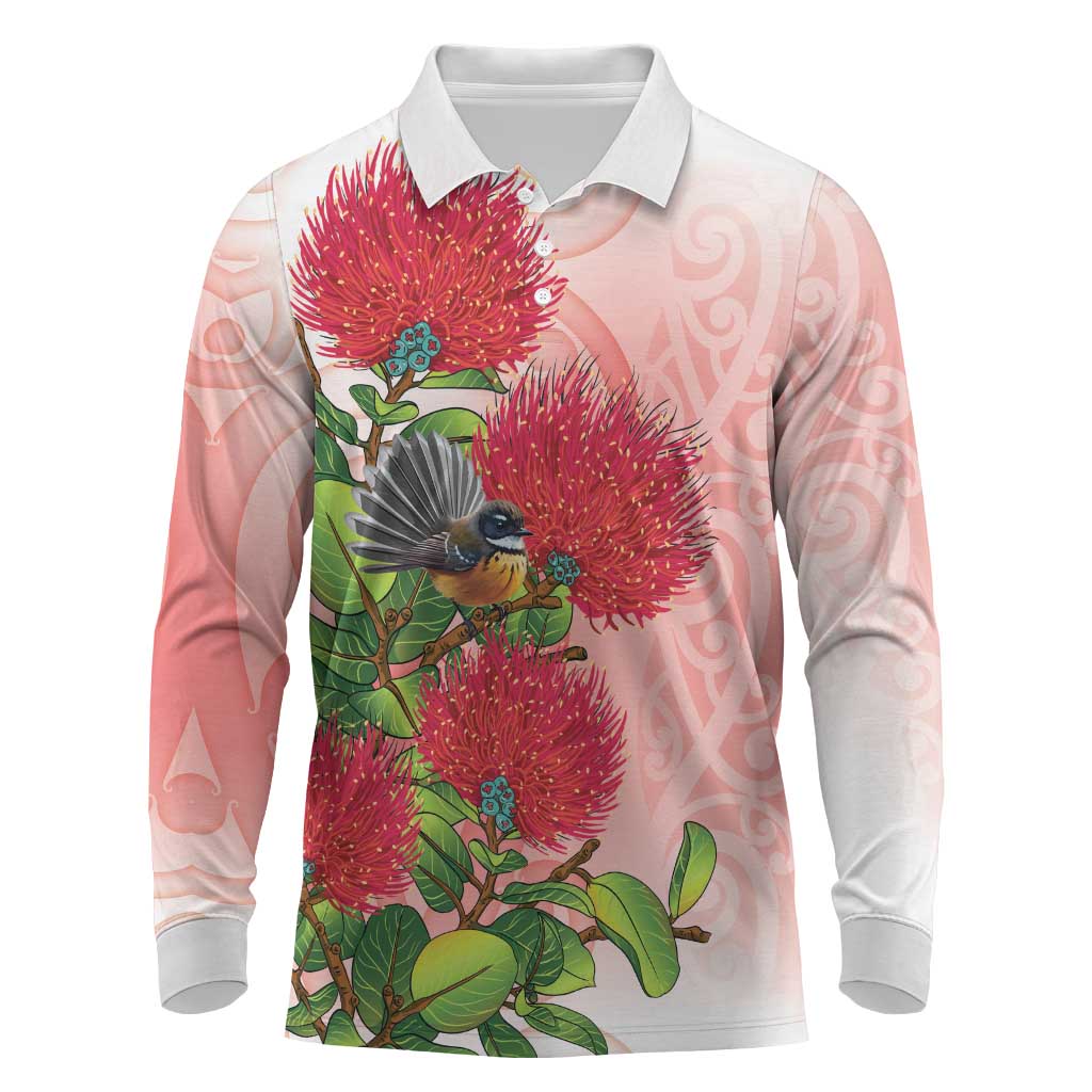 New Zealand Fantail Long Sleeve Polo Shirt Maori Koru With Pohutukawa Flowers LT05 Red - Polynesian Pride
