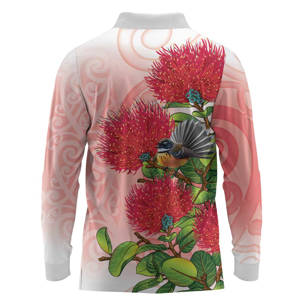 New Zealand Fantail Long Sleeve Polo Shirt Maori Koru With Pohutukawa Flowers LT05 - Polynesian Pride