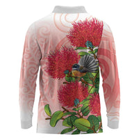 New Zealand Fantail Long Sleeve Polo Shirt Maori Koru With Pohutukawa Flowers LT05 - Polynesian Pride