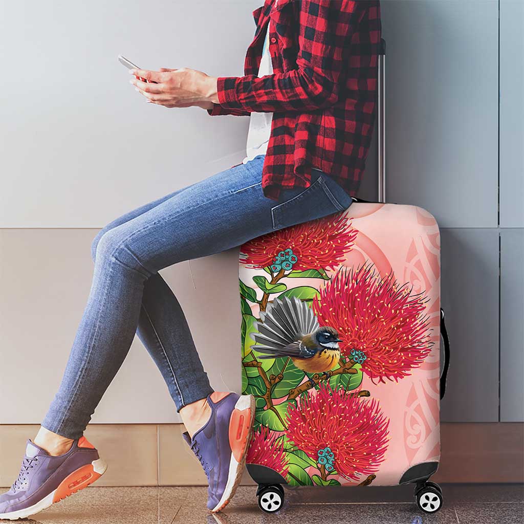 New Zealand Fantail Luggage Cover Maori Koru With Pohutukawa Flowers - Polynesian Pride