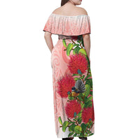 New Zealand Fantail Off Shoulder Maxi Dress Maori Koru With Pohutukawa Flowers LT05 - Polynesian Pride