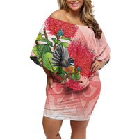 New Zealand Fantail Off Shoulder Short Dress Maori Koru With Pohutukawa Flowers LT05 Women Red - Polynesian Pride