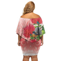 New Zealand Fantail Off Shoulder Short Dress Maori Koru With Pohutukawa Flowers LT05 - Polynesian Pride