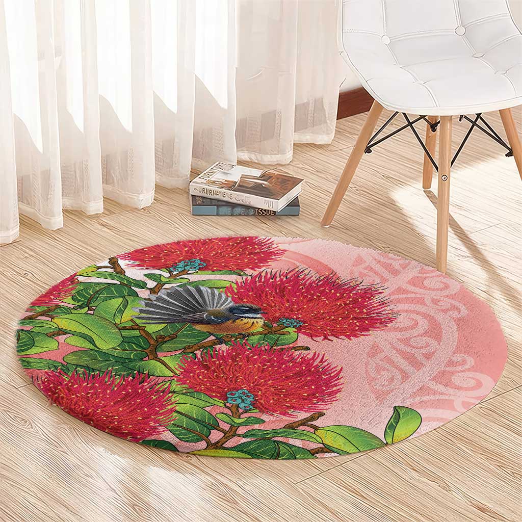 New Zealand Fantail Round Carpet Maori Koru With Pohutukawa Flowers LT05 - Polynesian Pride