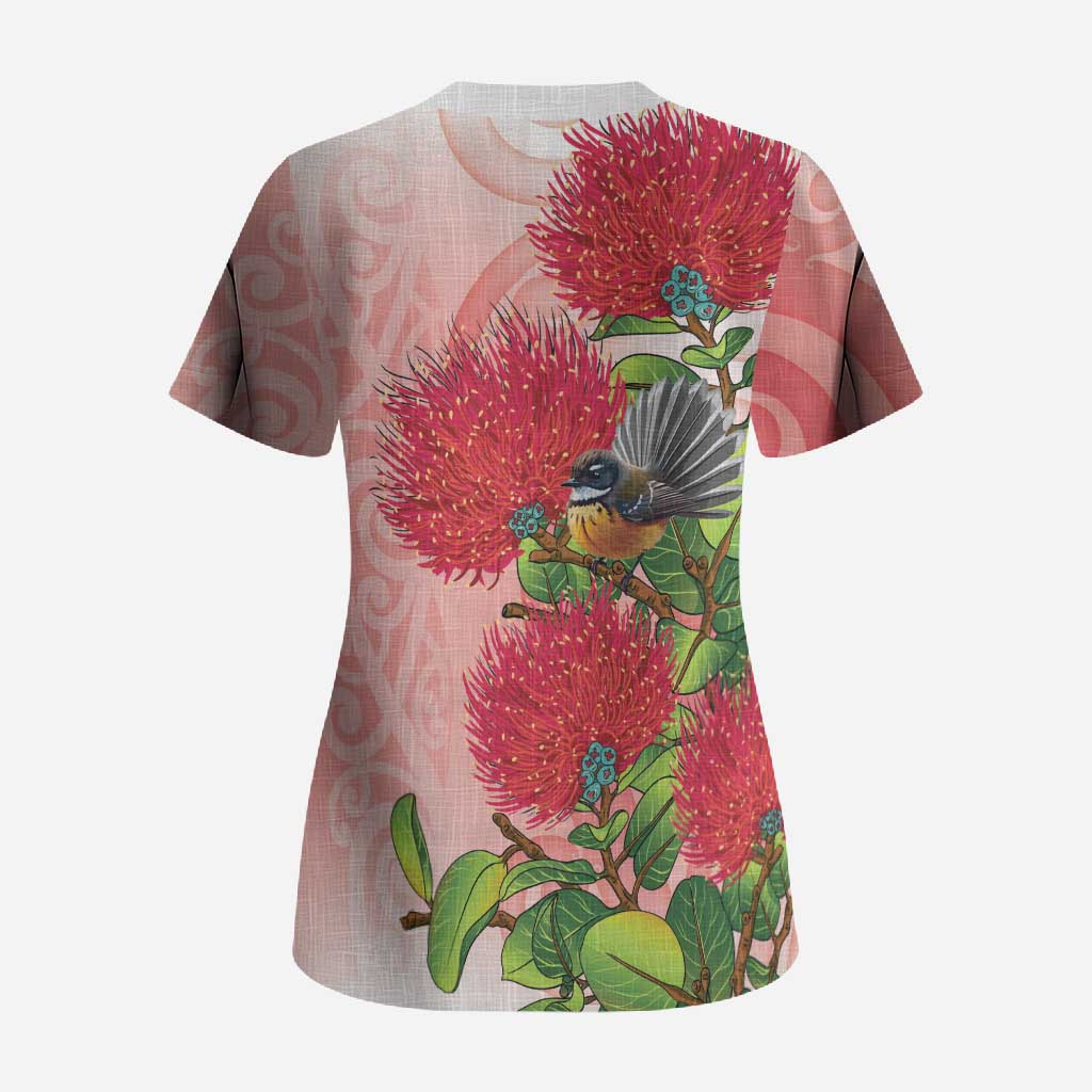 New Zealand Fantail Scrub Top Maori Koru With Pohutukawa Flowers LT05 - Polynesian Pride