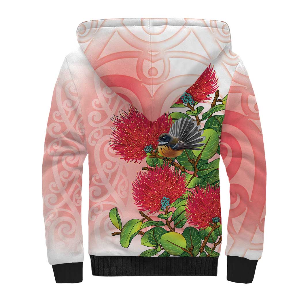 New Zealand Fantail Sherpa Hoodie Maori Koru With Pohutukawa Flowers LT05 - Polynesian Pride