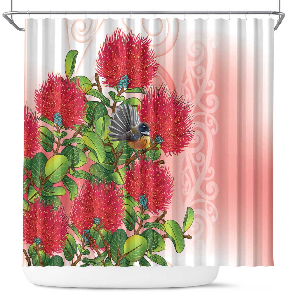 New Zealand Fantail Shower Curtain Maori Koru With Pohutukawa Flowers - Polynesian Pride