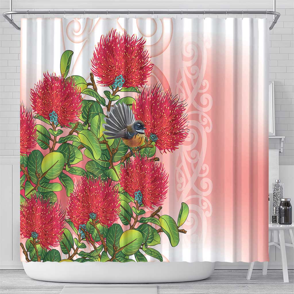 New Zealand Fantail Shower Curtain Maori Koru With Pohutukawa Flowers LT05 - Polynesian Pride