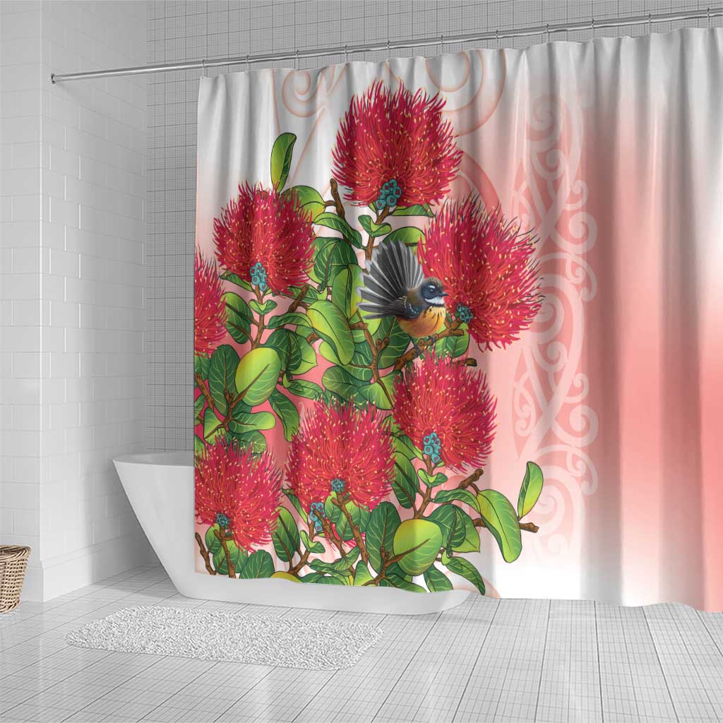New Zealand Fantail Shower Curtain Maori Koru With Pohutukawa Flowers LT05 - Polynesian Pride
