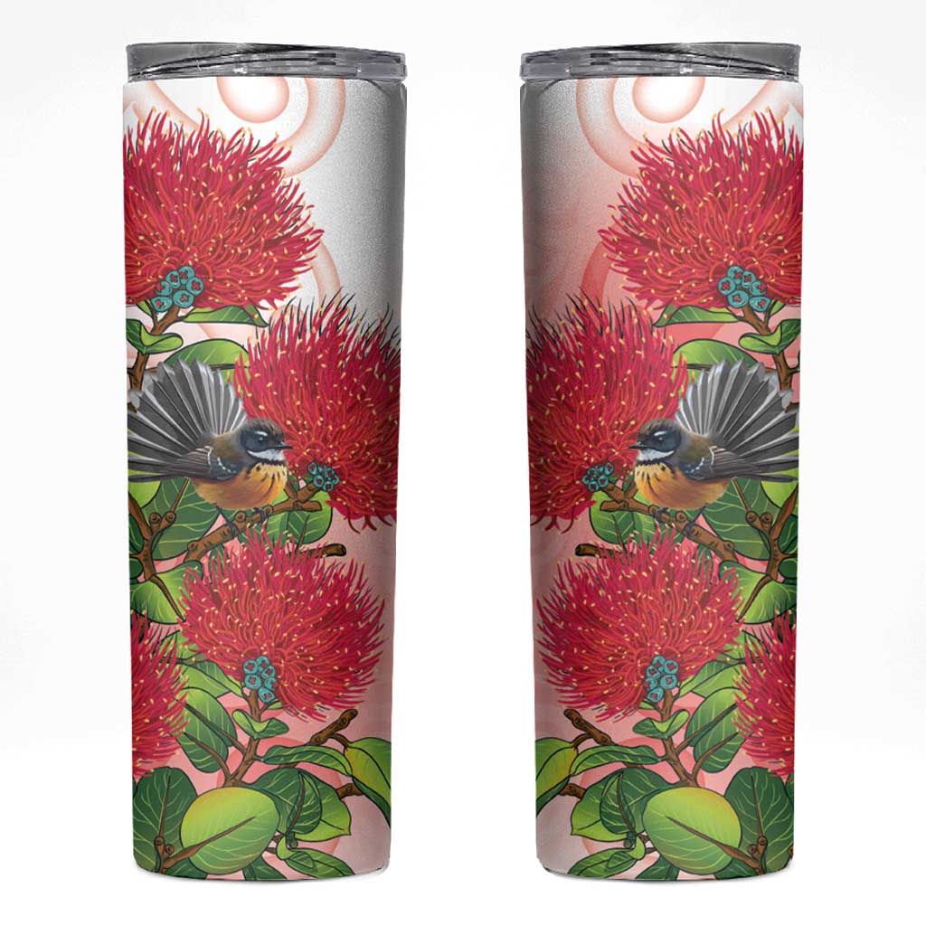 New Zealand Fantail Skinny Tumbler Maori Koru With Pohutukawa Flowers - Polynesian Pride