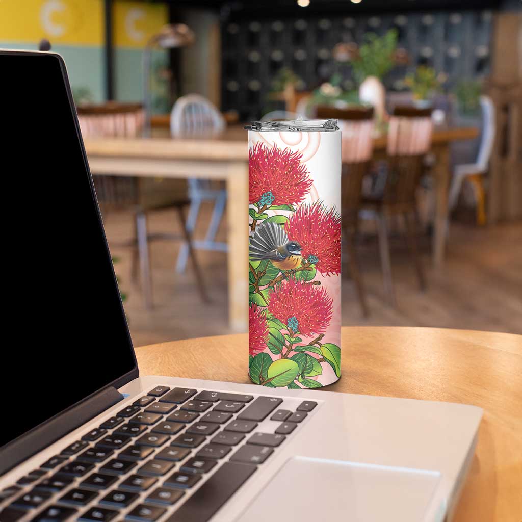 New Zealand Fantail Skinny Tumbler Maori Koru With Pohutukawa Flowers LT05 - Polynesian Pride
