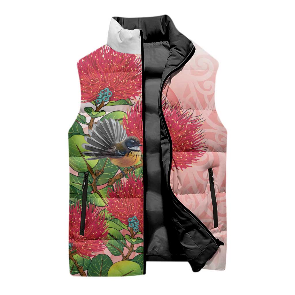 New Zealand Fantail Sleeveless Puffer Jacket Maori Koru With Pohutukawa Flowers LT05 - Polynesian Pride
