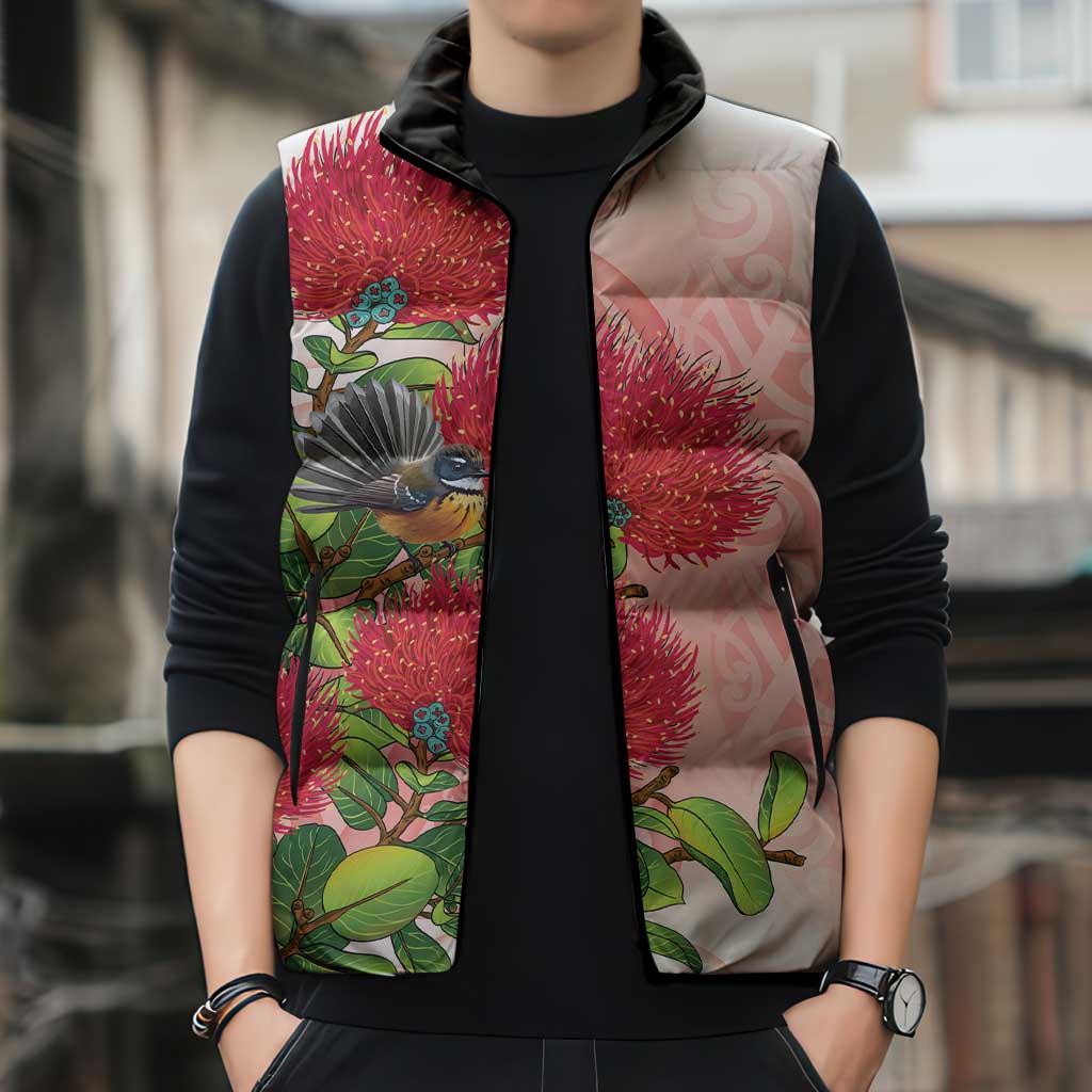 New Zealand Fantail Sleeveless Puffer Jacket Maori Koru With Pohutukawa Flowers LT05 - Polynesian Pride